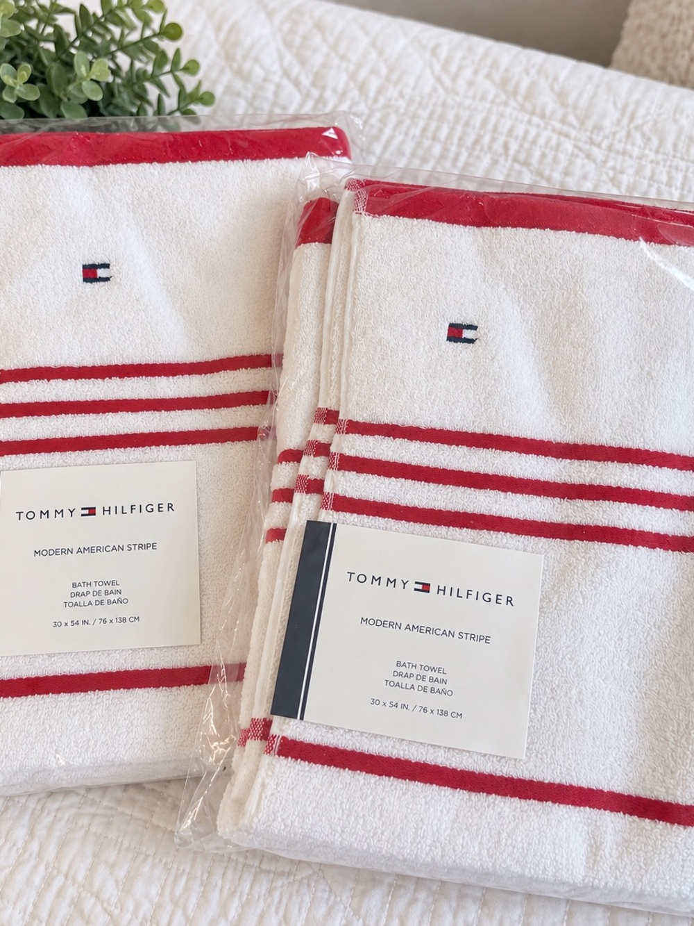 Tommy Hilfiger White Bath Towels with Red Stripe Accents two total for the pair